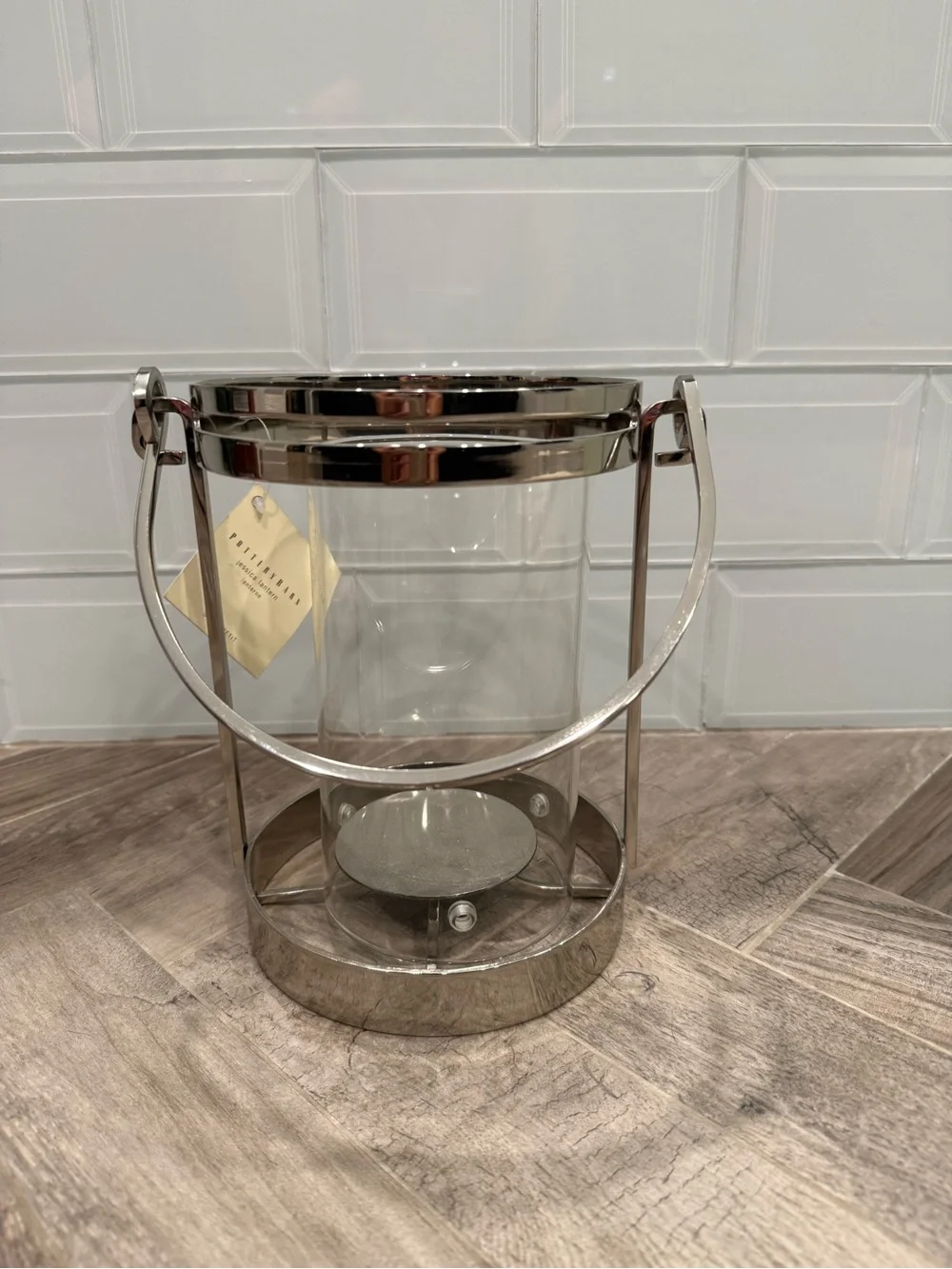 Pottery Barn Silver Metal & Glass Lantern Candle Holder